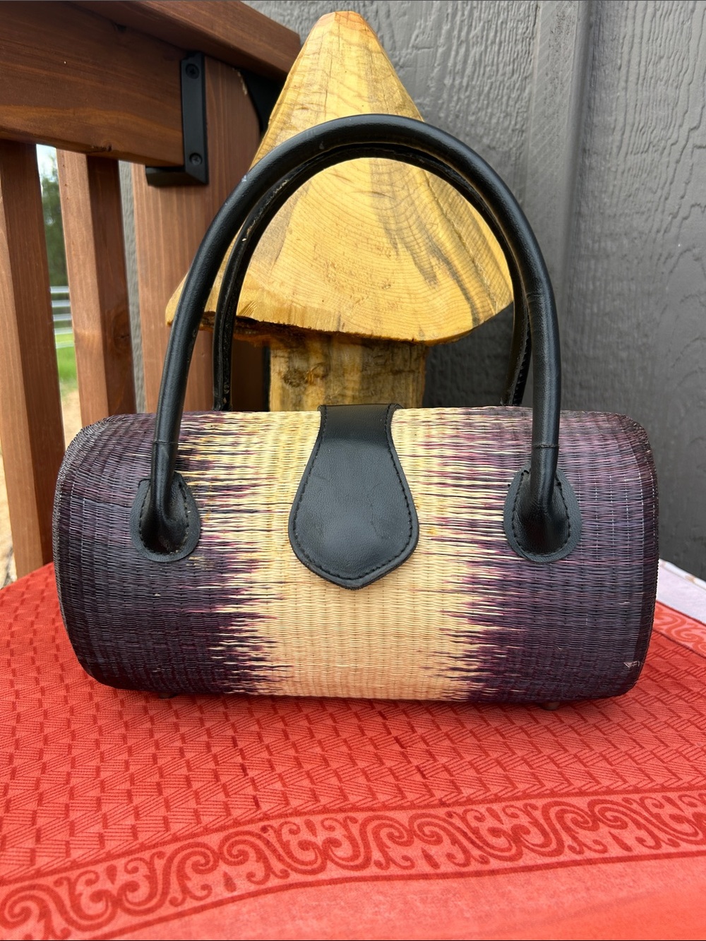 Woven Gradient Barrel Handbag in Purple and Cream